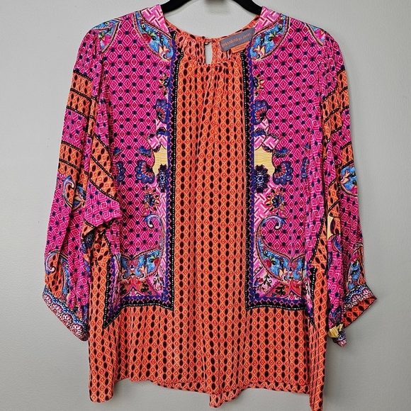Bhanuni by Jyoti x Anthropologie Emilia Beaded Peasant Blouse, Pink & Orange, S - Picture 5 of 14